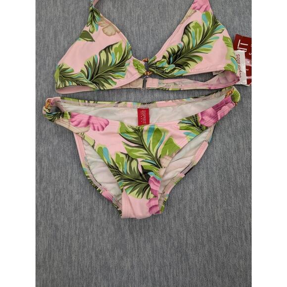 Vintage Esprit Bikini Womens Small Pink Green Leaf Floral Halter Top Bottom Y2K - Picture 4 of 14